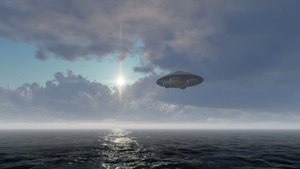 3d render UFO above the ocean
