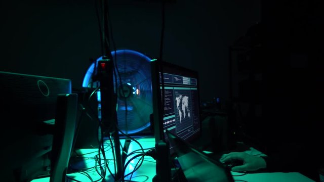 Hackers making cryptocurrency fraud using virus software and computer interface. Blockchain cyberattack, ddos and malware concept.