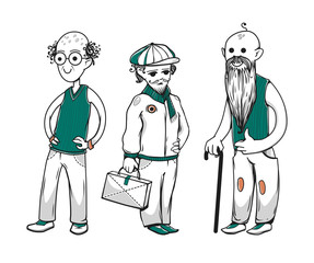The nice illustration with old mans. Happy Grandfather's. One of them wear glasses, one wear hat, one with cane and beard.