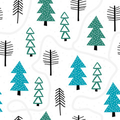 Winter seamless pattern with fir trees and pines in snow. Winter forest background. Vector illustration. Cute vector pattern with Christmas trees.