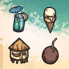 Cartoon vacation icons. Eps10 hand drawn vector elements.