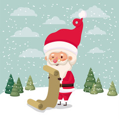 santa claus with gifts list in snowscape