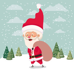 santa claus with gifts bag in snowscape