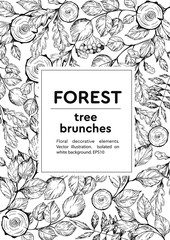Floral decorative background with forest tree brunches and leaves. Hand drawn illustration. Vector