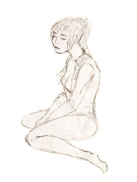 Sad girl sitting on the floor. Figure simple pencil
