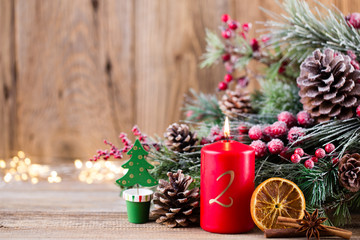 Christmas greeting card. Festive decoration on wooden background. New Year concept. Copy space.  Flat lay. Top view.