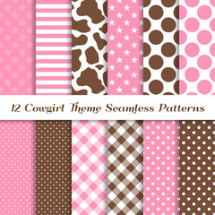 Cowgirl Theme Seamless Vector Patterns with Cow Skin Print, Pink and Brown Gingham, Polka Dots, Stripes and Stars Backgrounds. Perfect for kids birthday party! Pattern Tile Swatches Included