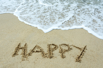 Happy word on a sand beach with waves.