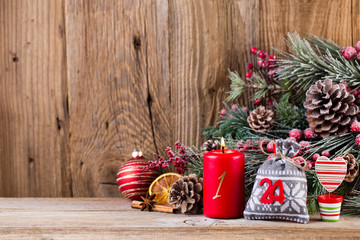 Christmas greeting card. Festive decoration on wooden background. New Year concept. Copy space.  Flat lay. Top view.