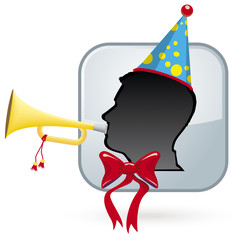 Profile silhouette of a man's head wearing a pointed hat blowing a trumpet
 with ball above his head in front of a gray square