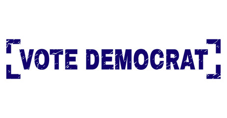 VOTE DEMOCRAT caption seal watermark with grunge texture. Text caption is placed inside corners. Blue vector rubber print of VOTE DEMOCRAT with unclean texture.