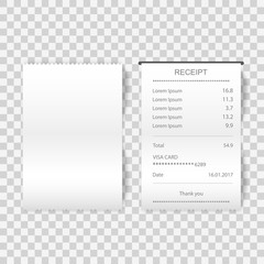 Sales printed receipt, shopping paper bill atm mockup isolated on transparent background. Vector illustration