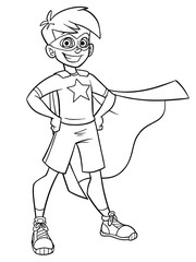 Line art full length illustration of superhero boy smiling happy while wearing cape against white background for copy space.