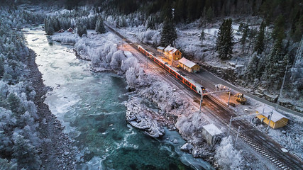 Train Oslo - Bergen in mountains. Hordaland, Norway.