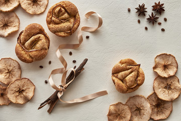 muffins, dried apples on a white background. hygge style