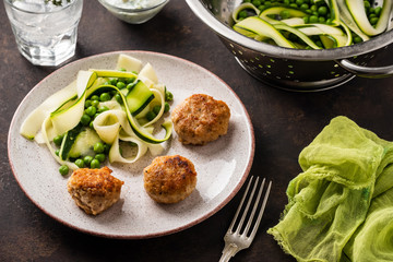 Chicken meat balls with zucchini salad and green peas, with garlic-yogurt sauce.