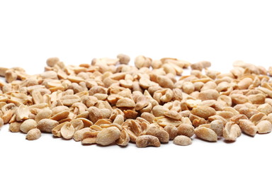 Salted and marinated peanuts, pile isolated on white