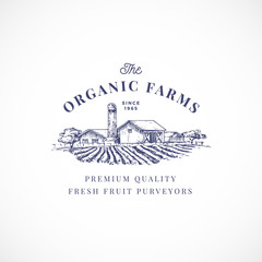 The Organic Farms Abstract Vector Sign, Symbol or Logo Template. Elegant Farm Landscape Drawing Sketch with Classy Retro Typography. Rural Fields and Buildings Vintage Luxury Emblem. © createvil