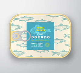 Canned Fish Label Template. Abstract Vector Fish Aluminium Container with Label Cover. Packaging Design. Modern Typography and Hand Drawn Dorado Silhouette Background Layout.