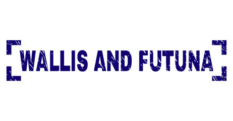 WALLIS AND FUTUNA tag seal stamp with grunge texture. Text title is placed inside corners. Blue vector rubber print of WALLIS AND FUTUNA with dirty texture.