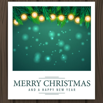 Christmas photo template with Christmas garland and merry Christmas greetings