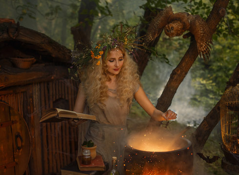 atmospheric warm autumn art processing photo, young forest fairy in an old gray linen dress and has a wreath on her head, with blond curly hair creates magic elixir near her home, holding a book