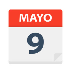 Mayo 9 - Calendar Icon - May 9. Vector illustration of Spanish Calendar Leaf