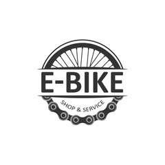 Electric bike badge vector. Wheel and tape. Bike logo