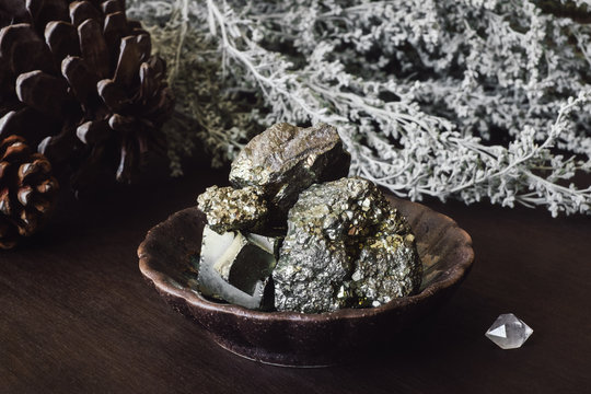 Pyrite and Quartz Point with Dried Foliage and Pinecones