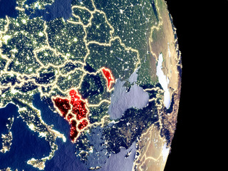 Satellite view of CEFTA countries at night with visible bright city lights. Extremely fine detail of the plastic planet surface.