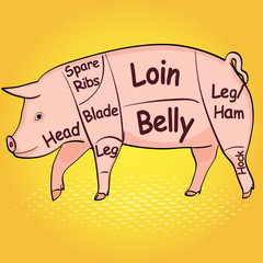 Pop art background, imitation of comics. Boar or pig for a restaurant menu, carcass split. Vector