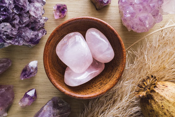 Teak Bowl of Rose Quartz with Amethyst Crystals and Dried Poppy Flower