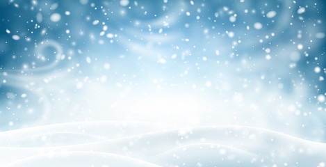 Blue shiny banner with winter landscape, snow and blizzard. - obrazy, fototapety, plakaty
