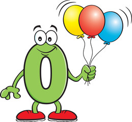 Cartoon illustration of a number zero holding balloons.