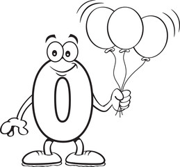 Black and white illustration of a number zero holding balloons.