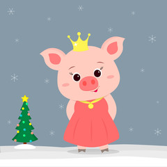 Happy New Year and Merry Christmas greeting card. Cute little pigs in Princess costume. Christmas tree in winter. The symbol of the new year in the Chinese calendar. Vector