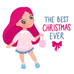 Vector cute little girl with New Year's toy. Cute character.