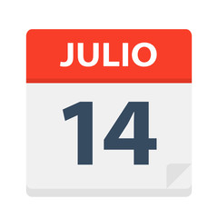 Julio 14 - Calendar Icon - July 14. Vector illustration of Spanish Calendar Leaf