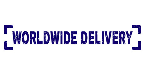 WORLDWIDE DELIVERY caption seal print with grunge texture. Text caption is placed between corners. Blue vector rubber print of WORLDWIDE DELIVERY with unclean texture.