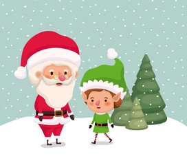little elf and santa claus characters in snowscape
