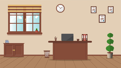 Workplace in the office on a cream background. Vector illustration. Table, clock, plant, cactus, books, diplomas. Wooden plank floor. Ideal for advertising, website and magazine design