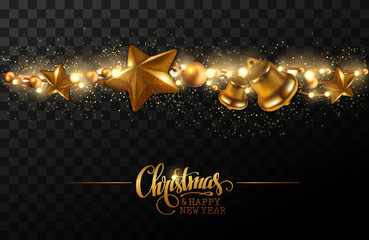 Merry Christmas and a happy New Year.  Golden glowing garland on a black background with a transparency effect. High detailed realistic illustration.