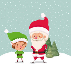 little elf and santa claus characters in snowscape