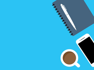 Flat lay workplace with copy space for text - top view office desk. Vector illustration of flat lay workspace. Simple top view office objects and advertising area.