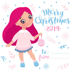 Merry Christmas and Happy New Year 2019 vector card. Little girl