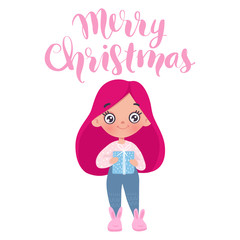 Vector cute little girl with New Year's toy. Cute character.