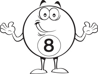 Black and white illustration of a happy billiard eight ball.