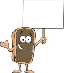 Cartoon illustration of an eclair holding a sign.