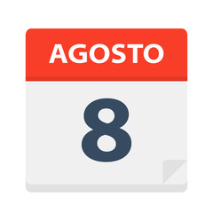 Agosto 8- Calendar Icon - August 8 - Vector illustration of Spanish Calendar Leaf