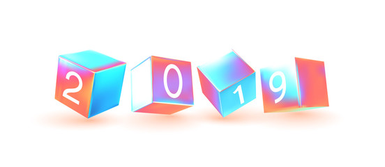 2019 New Year number cubes. Minimal abstract art with geometric shapes stylish background with 3d elements cube. Fashion poster, banner, card design vector illustration